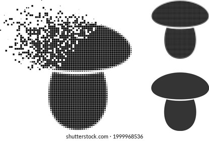 Disappearing pixelated mushroom glyph with halftone version. Vector destruction effect for mushroom icon. Pixelated dematerialization effect for mushroom demonstrates motion of virtual world.