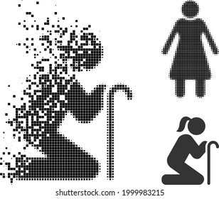 Disappearing pixelated old woman pictogram with halftone version. Vector destruction effect for old woman pictogram. Pixelated dissolution effect for old woman shows motion of cyberspace concepts.