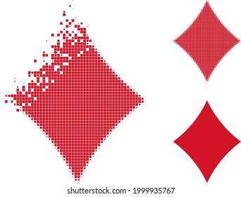 Disappearing pixelated playing card diamond suit icon with halftone version. Vector destruction effect for playing card diamond suit symbol.