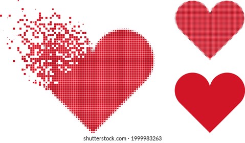 Disappearing pixelated playing card heart suit glyph with halftone version. Vector destruction effect for playing card heart suit symbol.
