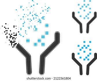 Disappearing pixelated powder funnel pictogram with halftone version. Vector wind effect for powder funnel pictogram. Pixelated dissolving effect for powder funnel shows movement of cyberspace matter.
