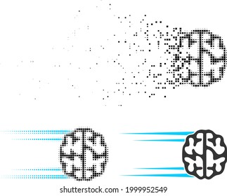 Disappearing pixelated rush brain icon with halftone version. Vector destruction effect for rush brain symbol. Pixelated dissolution effect for rush brain gives motion of virtual world.
