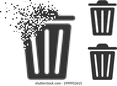 Disappearing pixelated trash can pictogram with halftone version. Vector wind effect for trash can pictogram. Pixel integration effect for trash can reproduces speed of virtual objects.