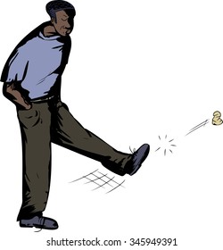 Disappointed African American man kicking wad of paper
