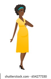 Disappointed african pregnant woman with thumb down. Full length of pregnant woman showing thumb down. Pregnant woman with thumb down. Vector flat design illustration isolated on white background.