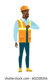 Disappointed african-american builder with thumb down. Full length of young builder showing thumb down. Young builder with his thumb down. Vector flat design illustration isolated on white background