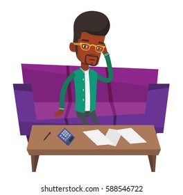 Disappointed african-american man calculating home bills. Man accounting costs and mortgage for paying home bills. Man analyzing home bill. Vector flat design illustration isolated on white background