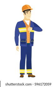Disappointed asian builder with thumb down. Full length of young builder showing thumb down. Young builder with his thumb down. Vector flat design illustration isolated on white background