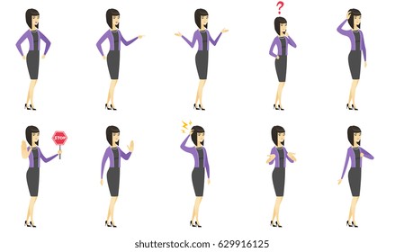 Disappointed asian business woman with thumb down. Sad business woman showing thumb down. Young business woman with her thumb down. Set of vector flat design illustrations isolated on white background