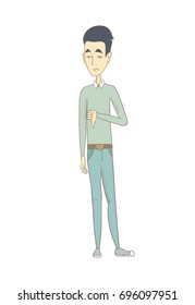 Desapontado homem hippie asiático com o polegar para baixo. Jovem mostrando o polegar para baixo. Perturbado com o polegar para baixo. Ilustração de desenho animado de vetor isolado no fundo branco.