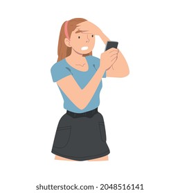 Disappointed with Bad News Woman Character Reading Message on Smartphone Vector Illustration