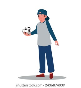 Niño decepcionado con una pelota de fútbol desinflada, ilustración vectorial aislada sobre fondo blanco