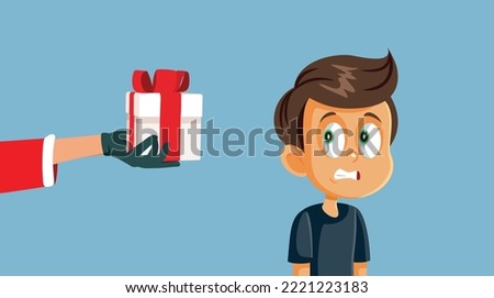 
Disappointed Boy Receiving a Lousy Gift from Santa Vector Cartoon. Unhappy child reacting to a bad present from Santa
