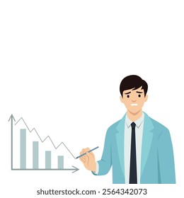 Disappointed businessman because financial graph arrow is decreasing. Flat vector illustration isolated on white background