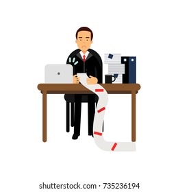 Disappointed businessman character looking at long document in office, anxious accountant holding a long bill vector Illustration