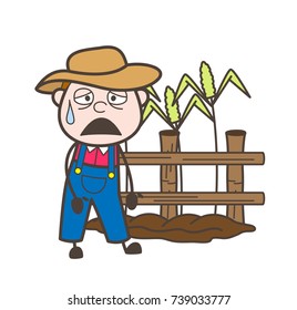 Disappointed Cartoon Farmer in Field Vector