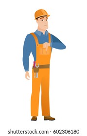Decepcionado constructor caucásico con el pulgar hacia abajo. Largo de un joven constructor que muestra el pulgar hacia abajo. Joven constructor con el pulgar abajo. Ilustración de diseño plana de vectores aislada en fondo blanco
