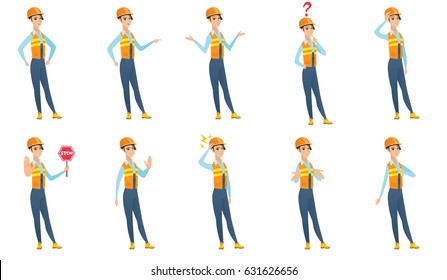 Disappointed caucasian builder with thumb down. Full length of female builder showing thumb down. Young builder with thumb down. Set of vector flat design illustrations isolated on white background.