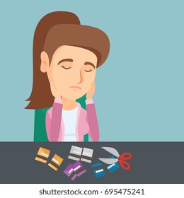 Disappointed caucasian business woman cutting credit cards with scissors. Young depressed woman sitting at the table with cut credit card. Vector cartoon illustration. Square layout.