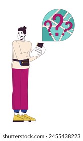 Disappointed caucasian man getting lost 2D linear cartoon character. Tourist trying to find location with smartphone isolated line vector person white background. Danger color flat spot illustration