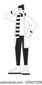 Disappointed caucasian man in winter outerwear black and white 2D line cartoon character. Displeased male wearing striped scarf isolated vector outline person. Monochromatic flat spot illustration