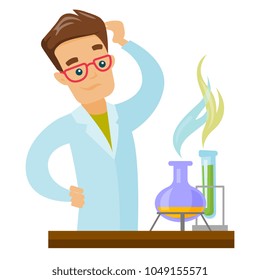 Disappointed caucasian student carrying out experiment in chemistry class. Young male student disappointed by failed experiment. Vector cartoon illustration isolated on white background. Square layout