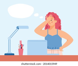 Disappointed confused business woman or office worker behind laptop, flat vector illustration. Woman with face expression of made mistake or forgetful person.