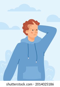 Disappointed confused young man with hand on head, remembering error or regretting of mistake, flat vector illustration. Surprised man with confused facepalm gesture.