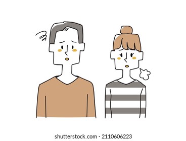 Disappointed couple, comical handwritten person, simple coloring on vector line drawing