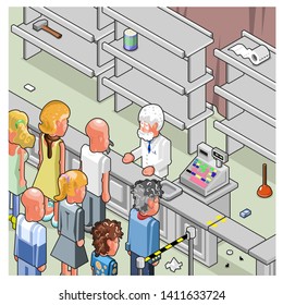 Disappointed crowd of customers standing in front of a counter, helpless sales assistant and empty store shelves (isometric illustration)