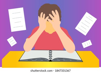 Disappointed and depressed young guy struggles to comprehend the instructional materials illustration.