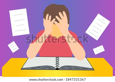 Disappointed and depressed young guy struggles to comprehend the instructional materials illustration.