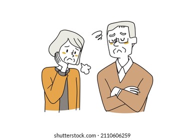 Disappointed elderly couple, comical hand-drawn portrait illustration, vector line drawing with simple coloring, white background