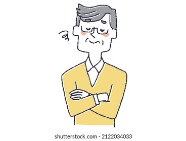 Hombre mayor decepcionado, ilustración cómica de retratos dibujados a mano, dibujo de líneas vectoriales con color simple, fondo blanco