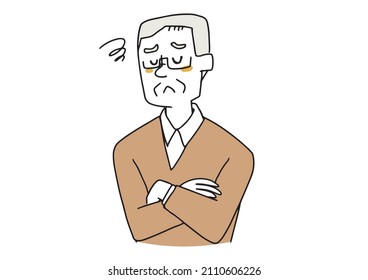 Disappointed elderly man, comical handwritten portrait illustration, vector line drawing with simple coloring, white background