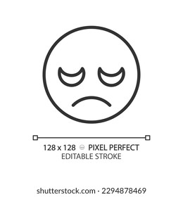 Disappointed emoji pixel perfect linear icon. Displeased customer feedback. Negative reaction on product. Thin line illustration. Contour symbol. Vector outline drawing. Editable stroke