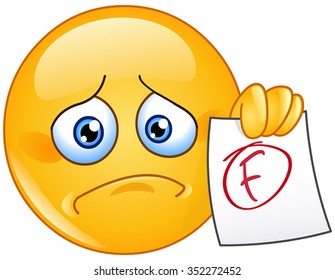 Disappointed emoticon showing a paper with F failure grade 