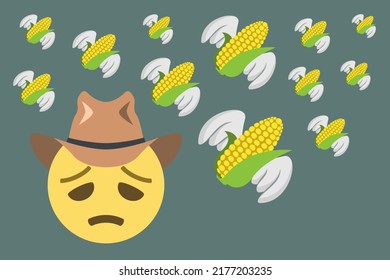 disappointed face emoji with cowboy hat and flying corncob on gray background,concept vector illustration