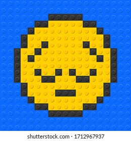 Disappointed face from plastic building bricks blocks toy. Blue background. vector illustration.