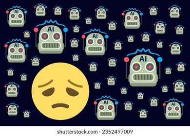 disappointed face surrounded by AI robots,artificial intelligence depression,sadness,sorrow,concept vector illustration