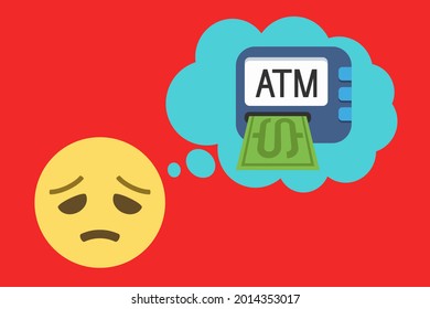 disappointed face and thought bubble with ATM on red background,emoji concept vector illustration