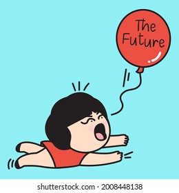 Disappointed Girl Can't Catch The Balloon With Word The Future On It Concept Card Character illustration