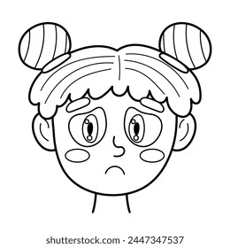 Disappointed girl face in black and white. Little sad kid clipart in outline. Depression emotion. Feeling concept vector illustration