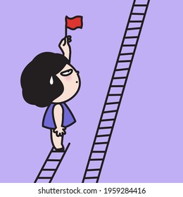 Disappointed Girl With Red Flag In Hands Climbing To The Top Of Ladder And Found Another Ladder Concept Card Character illustration