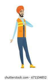 Enttäuschter hinterer Bauer mit Daumen nach unten. Vollständige Länge des jungen verärgerten Builders, der den Daumen nach unten zeigt. Vektorgrafik mit flachem Design, einzeln auf weißem Hintergrund.