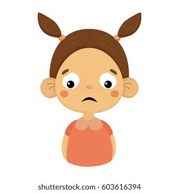 Disappointed Little Girl Flat Cartoon Portrait Emoji Icon With Emotional Facial Expression