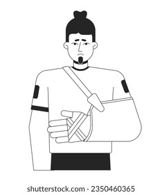 Hombre decepcionado con brazo roto de línea plana de color blanco negro de carácter vector. Esquema editable medio cuerpo macho con muñeca vendada en blanco. Ilustración puntual simple de dibujos animados aislados para el diseño gráfico web