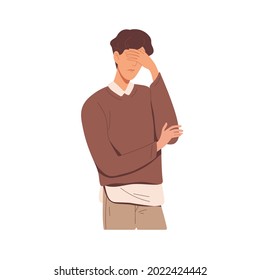 Disappointed Man With Facepalm Gesture, Feeling Shame. Person With Hand At Forehead Regret Fail. Face Palm Of Ashamed And Upset Human After Failure. Flat Vector Illustration Isolated On White