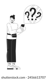 Disappointed man getting lost black and white 2D line cartoon character. Tourist trying to find location with smartphone isolated vector outline person. Danger monochromatic flat spot illustration