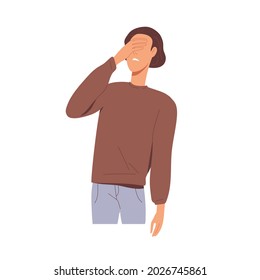 Disappointed man with palm on face, expressing regret and frustration after failure, fiasco and mistake. Facepalm gesture. Person forgot smth. Flat vector illustration isolated on white background